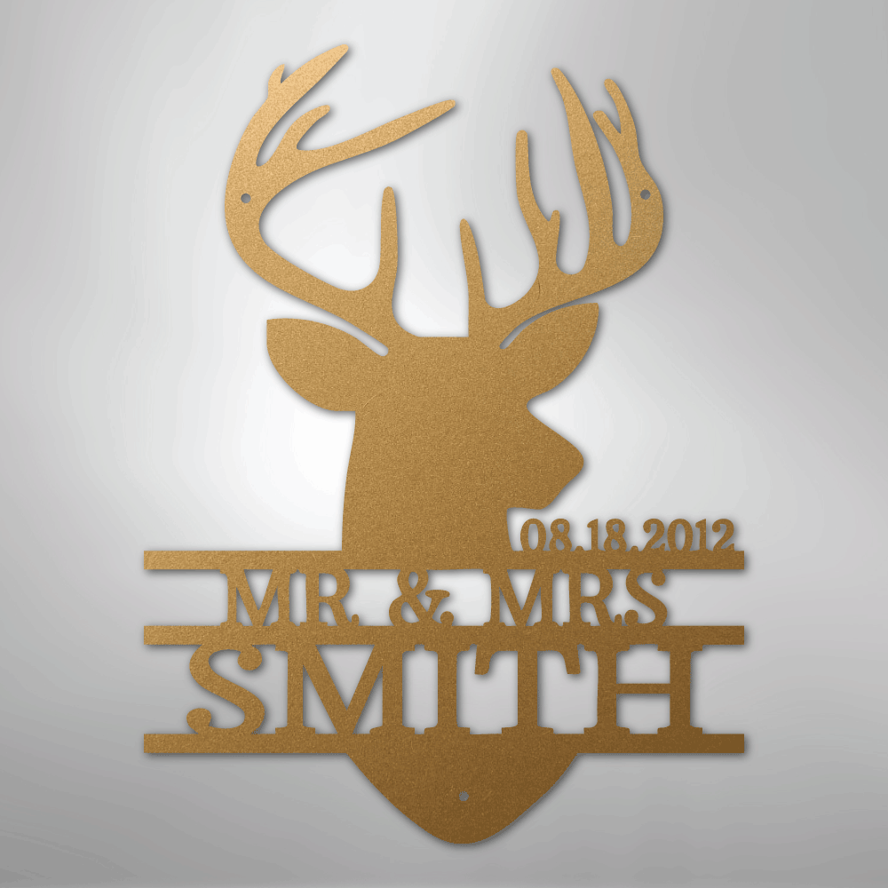 Custom Metal Wall Art - Personalized Deer Antler Head Monogram Sign Gold