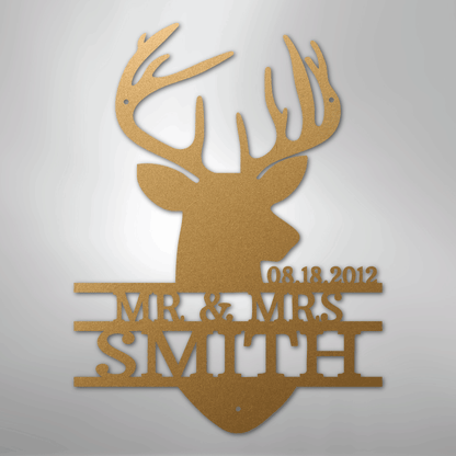Custom Metal Wall Art - Personalized Deer Antler Head Monogram Sign Gold