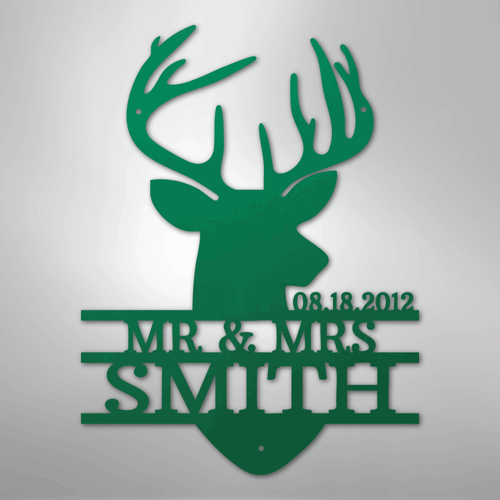 Custom Metal Wall Art - Personalized Deer Antler Head Monogram Sign Green