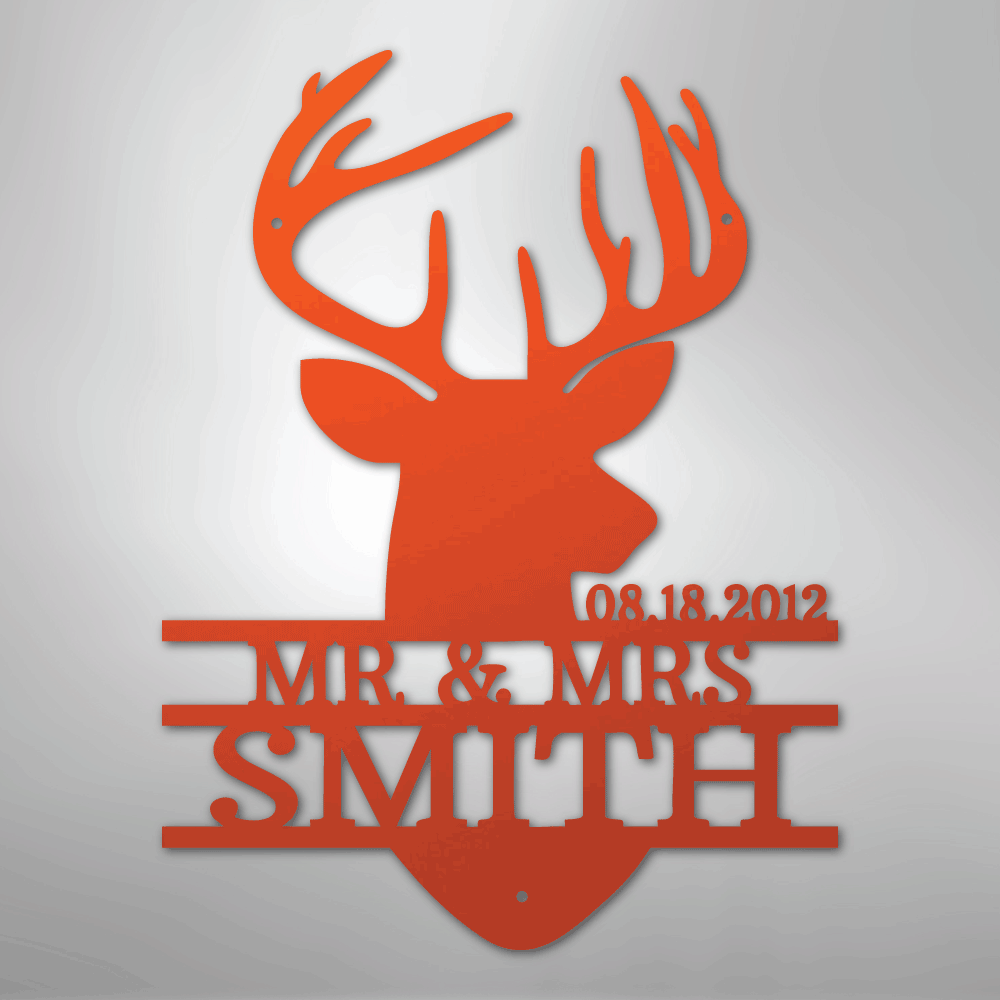 Custom Metal Wall Art - Personalized Deer Antler Head Monogram Sign Orange