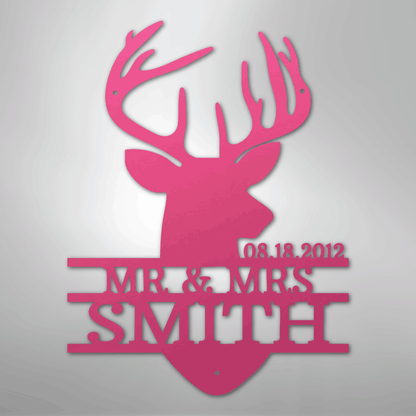 Custom Metal Wall Art - Personalized Deer Antler Head Monogram Sign Pink