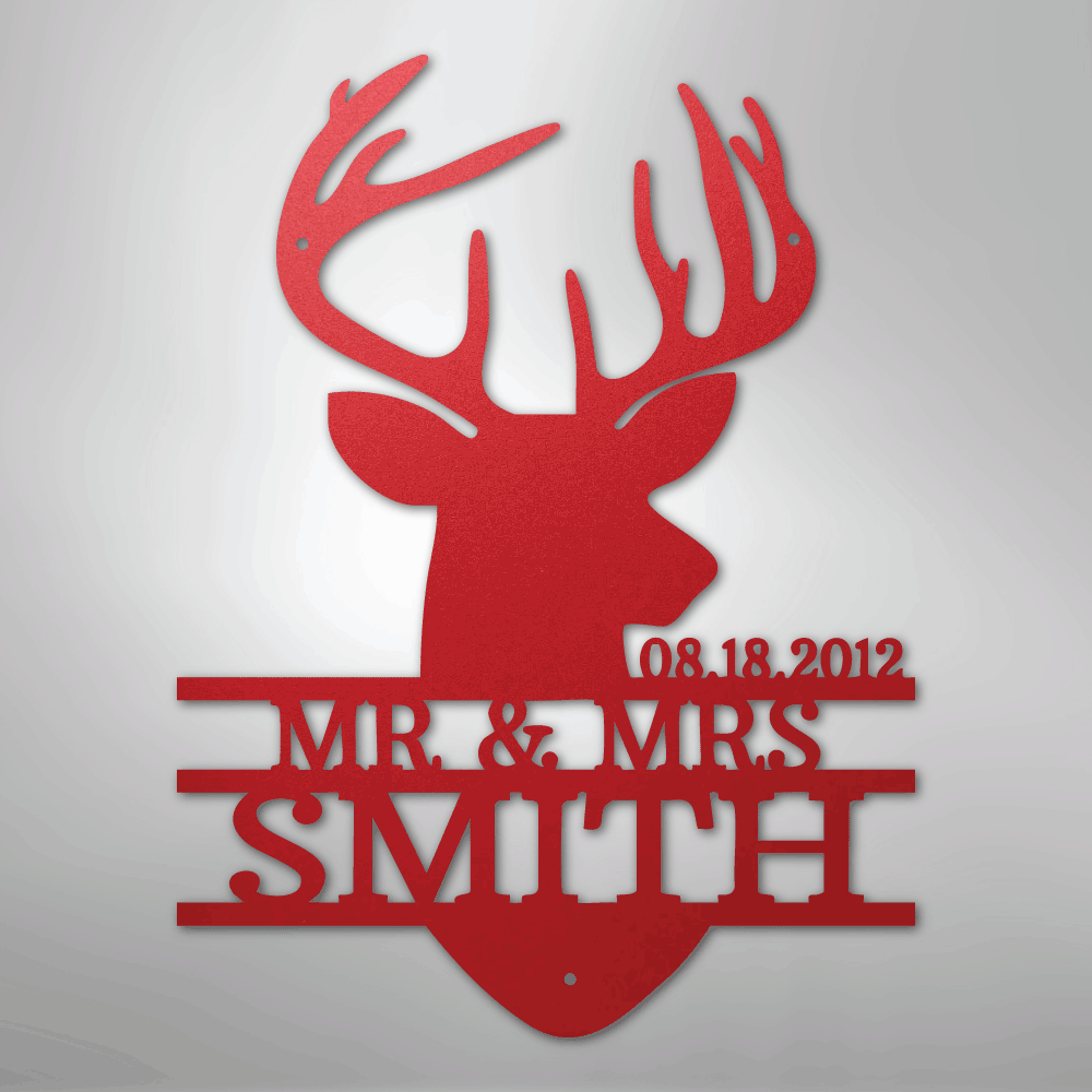 Custom Metal Wall Art - Personalized Deer Antler Head Monogram Sign Red