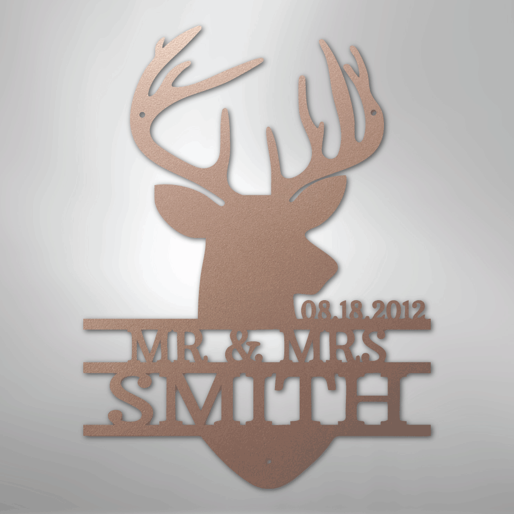 Custom Metal Wall Art - Personalized Deer Antler Head Monogram Sign Rose
