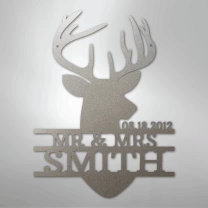 Custom Metal Wall Art - Personalized Deer Antler Head Monogram Sign Silver
