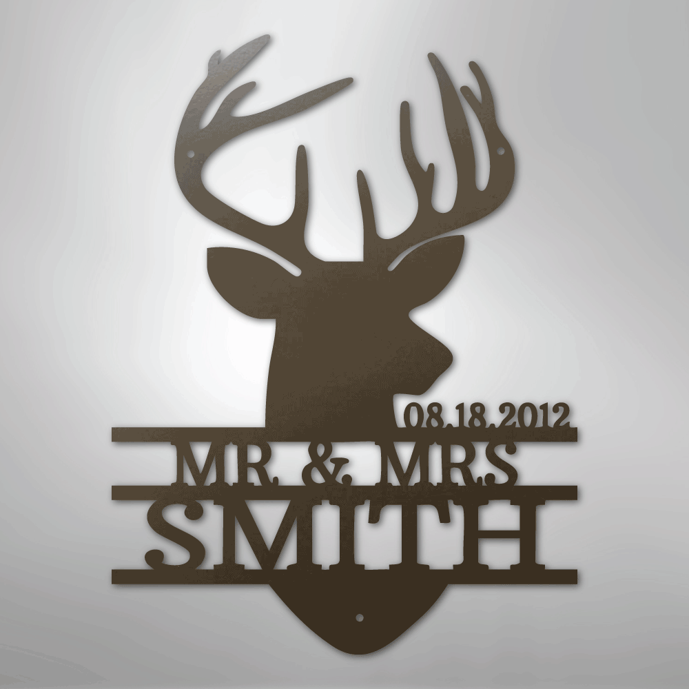 Custom Metal Wall Art - Personalized Deer Antler Head Monogram Sign Stone