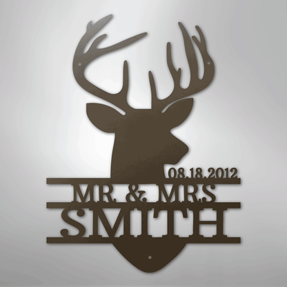 Custom Metal Wall Art - Personalized Deer Antler Head Monogram Sign Stone