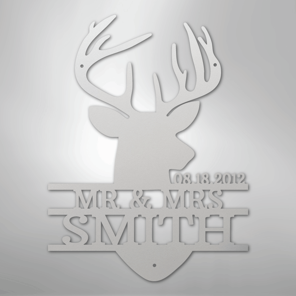 Custom Metal Wall Art - Personalized Deer Antler Head Monogram Sign White