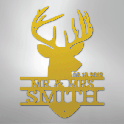 Custom Metal Wall Art - Personalized Deer Antler Head Monogram Sign Yellow