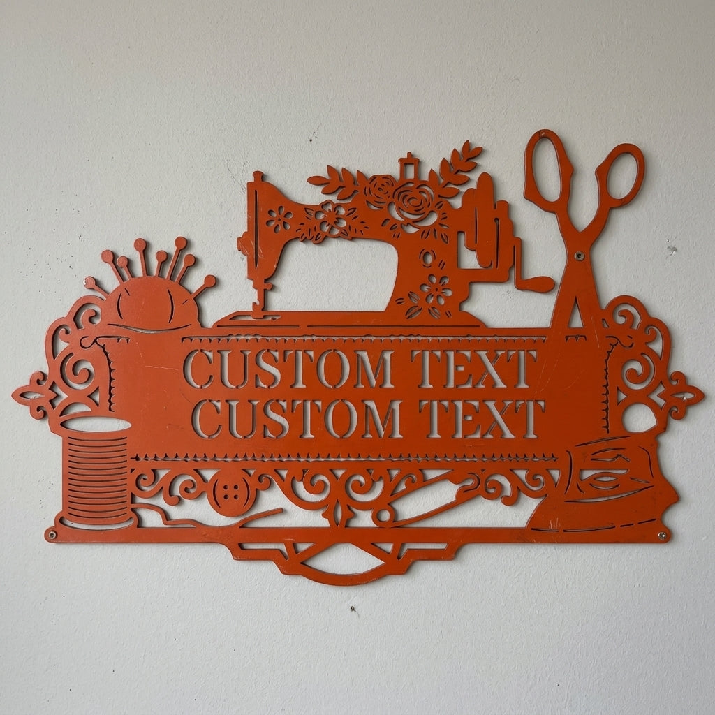 Custom Metal Wall Art - Personalized Sewing and Quilting Room Sign Orange