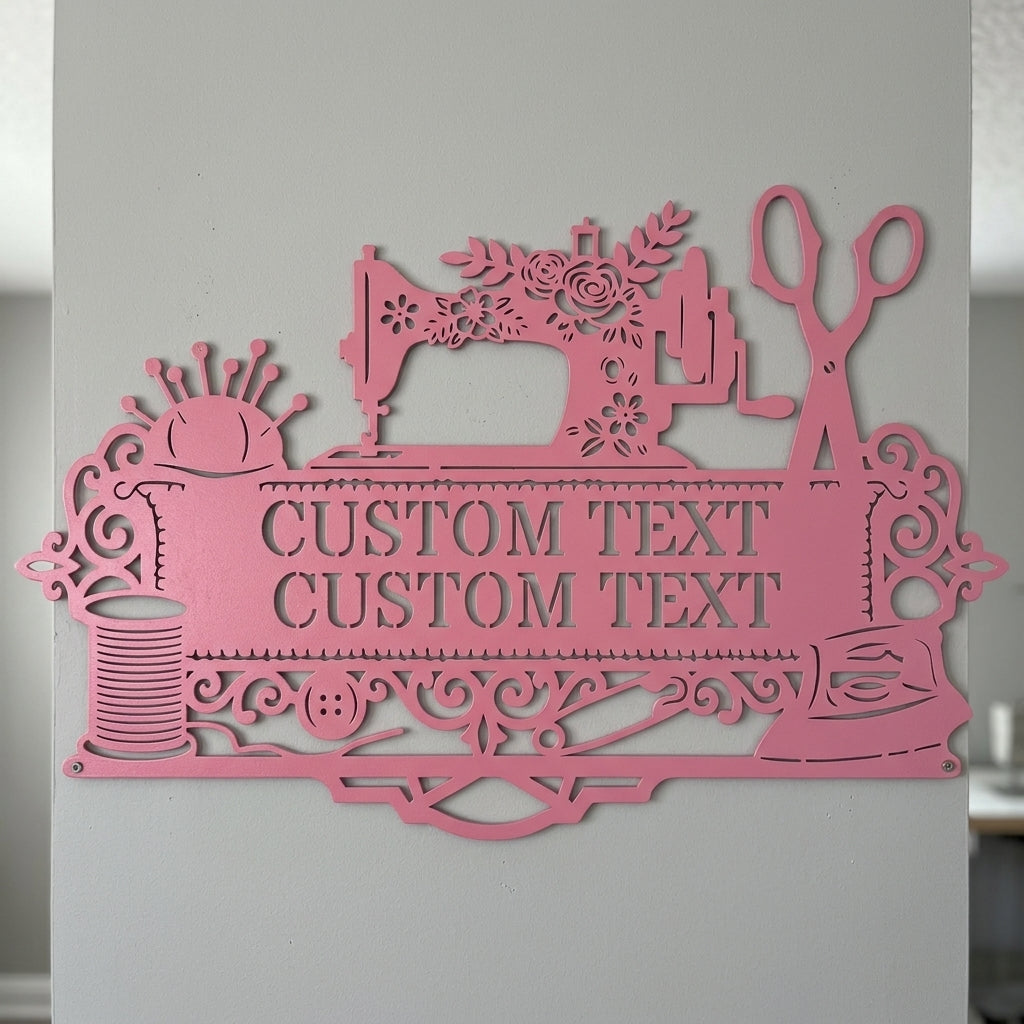 Custom Metal Wall Art - Personalized Sewing and Quilting Room Sign Pink