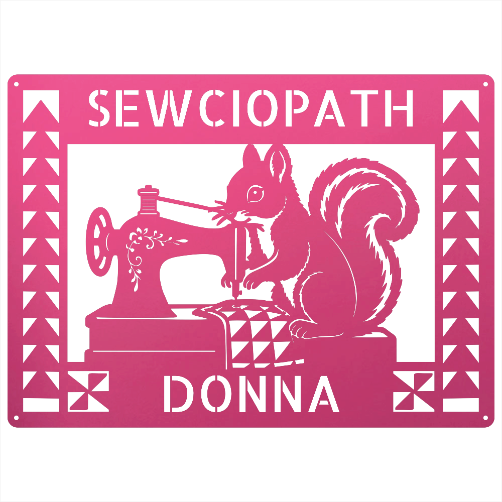 Custom Metal Wall Art - Personalized Squirrel Sewing Sign Pink