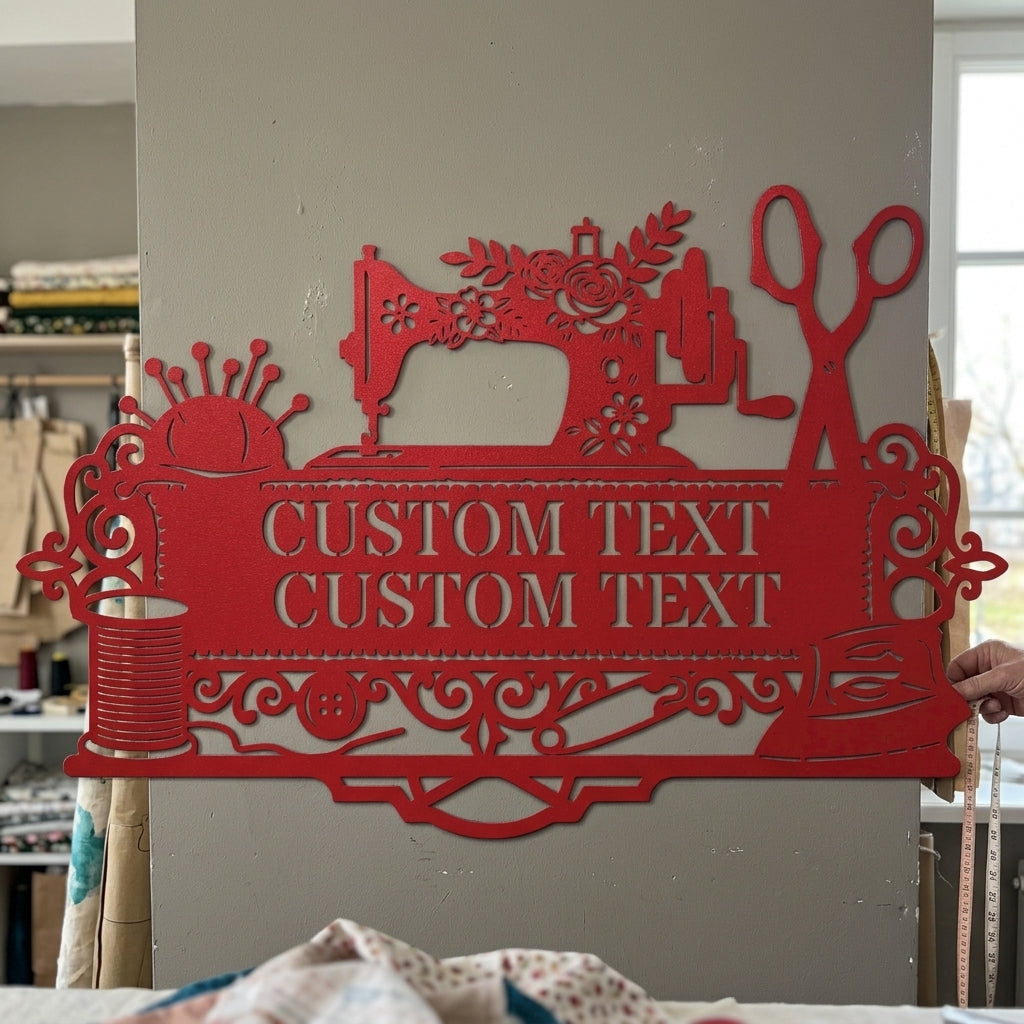 Custom Metal Wall Art - Personalized Sewing and Quilting Room Sign Red