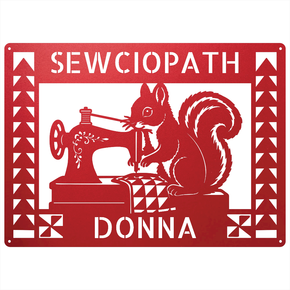 Custom Metal Wall Art - Personalized Squirrel Sewing Sign Red