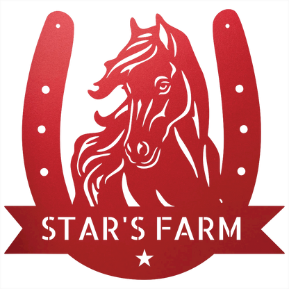 Custom Metal Wall Art - Horseshoe Farm Sign Red