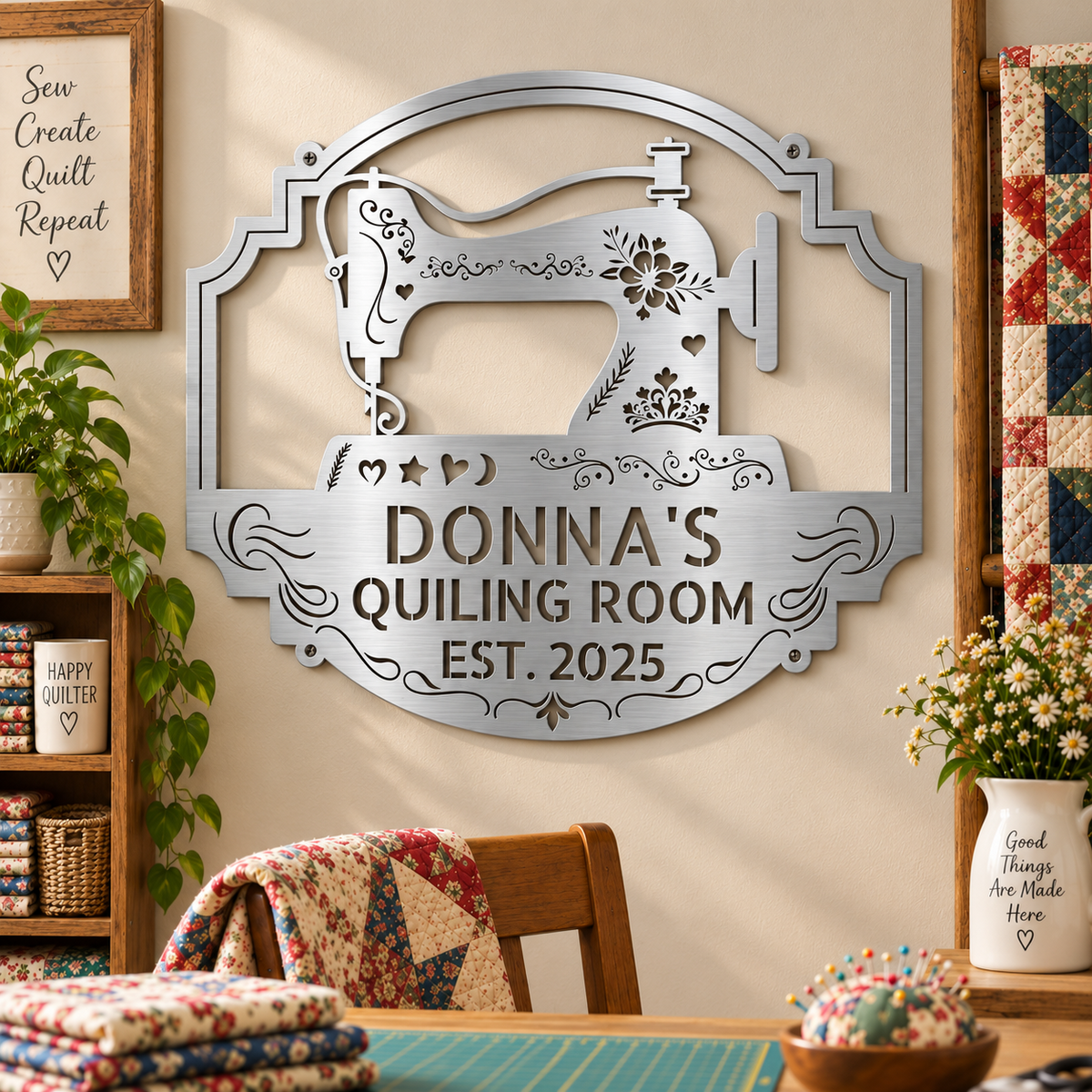 Custom Metal Wall Art - Personalized Sewing & Quilting Sign Silver