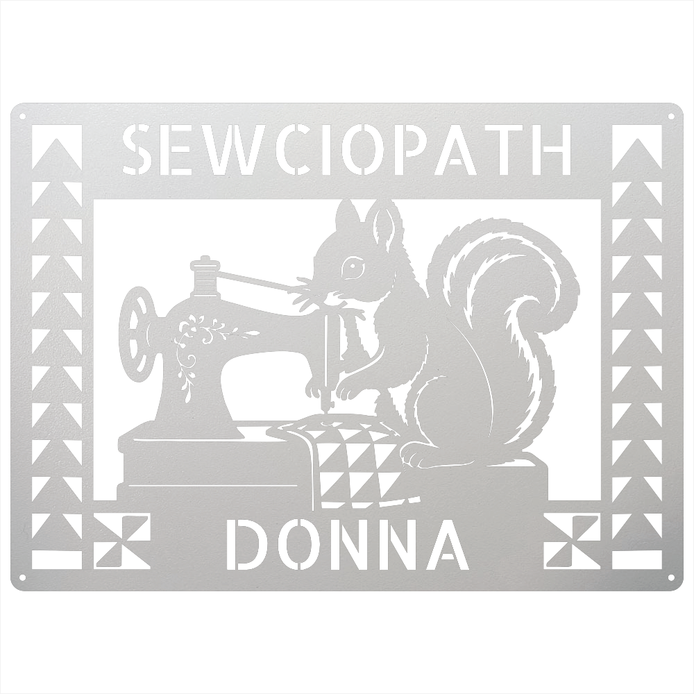 Custom Metal Wall Art - Personalized Squirrel Sewing Sign White