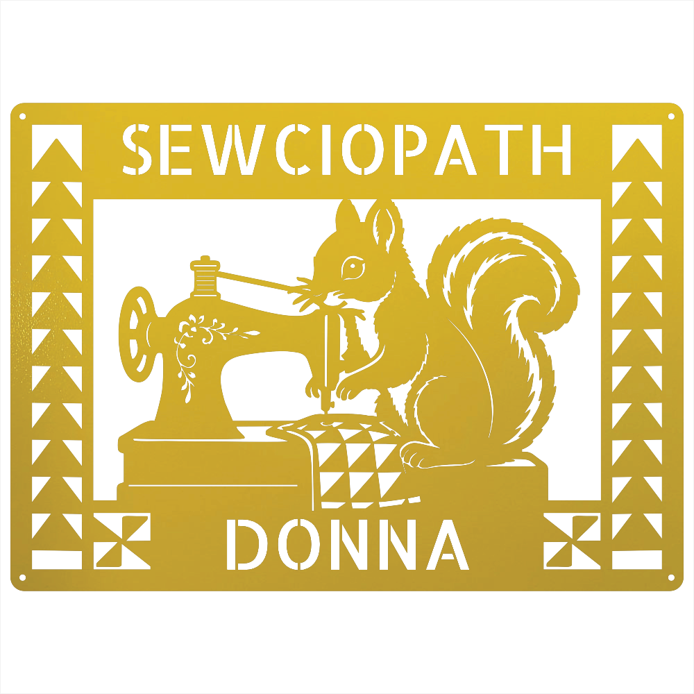 Custom Metal Wall Art - Personalized Squirrel Sewing Sign Yellow