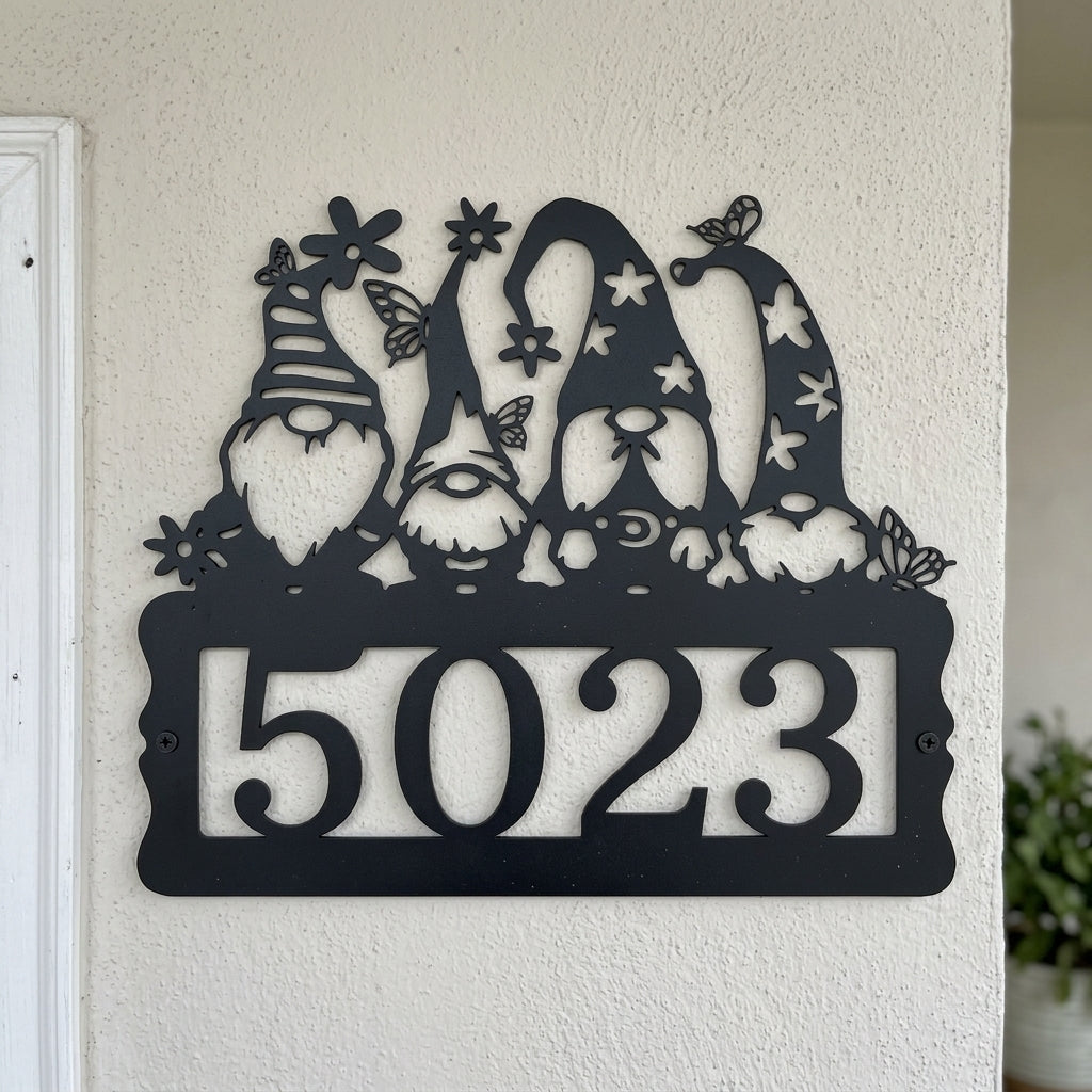 Custom Metal Wall Art - Personalized Gnome Address Sign Black