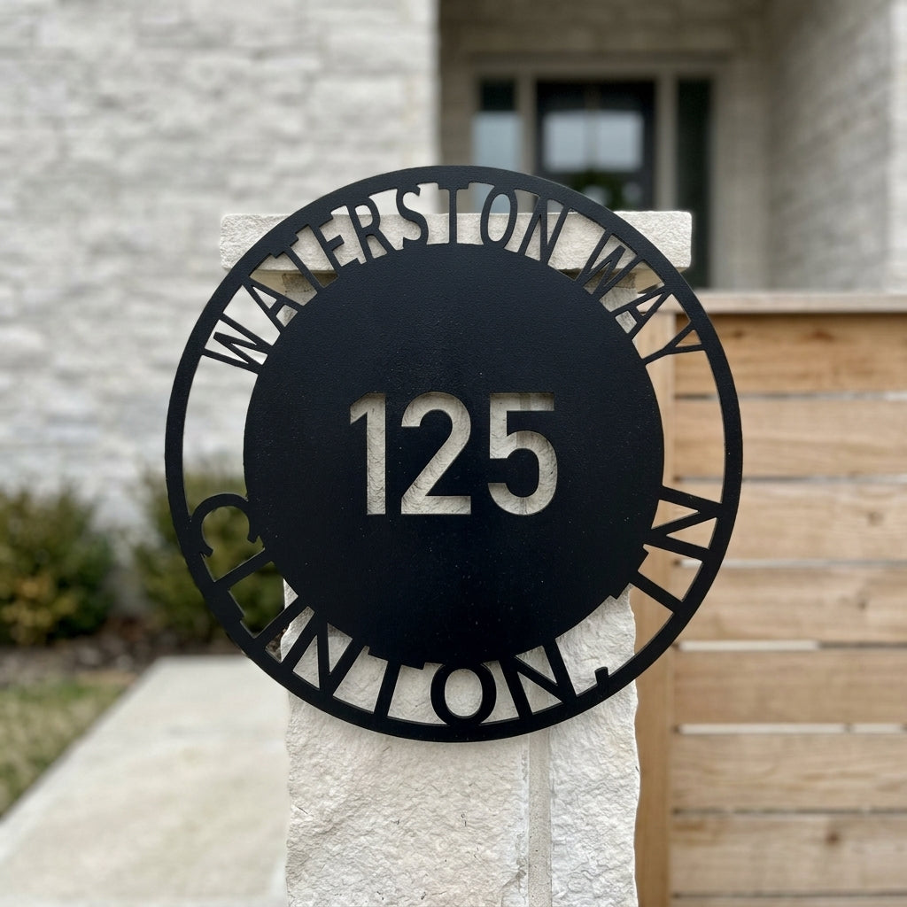 Custom Metal Sign - Personalized Circle Address Plaque Black