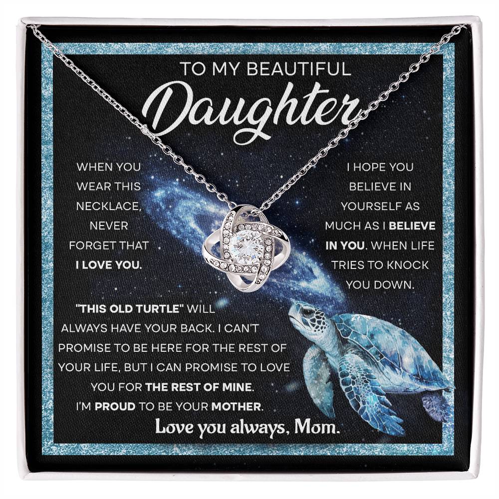 Beautiful Daughter Old Turtle From Mom Love Knot Necklace 14K White Gold Finish Standard Box