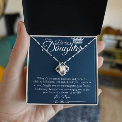 To My Badass Daughter - Straighten Your Crown - Love Knot Necklace 14K White Gold Finish Standard Box