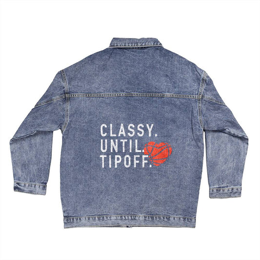 Classy Until Tipoff Basketball Mom Denim Jacket Small