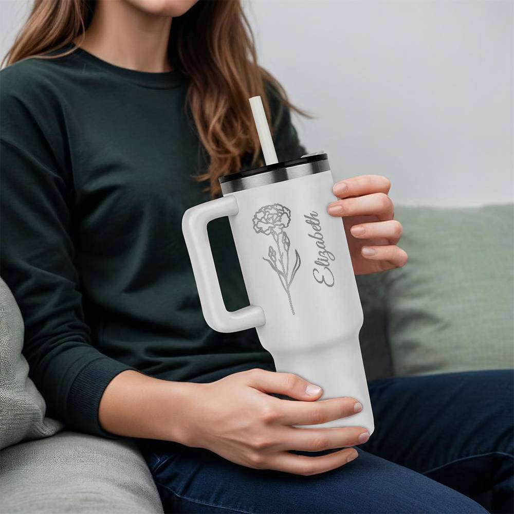 Personalized Tumbler 40oz With Flower and Name White