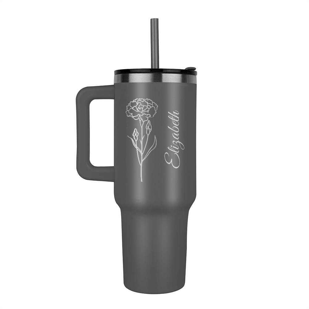 Personalized Tumbler 40oz With Flower and Name Gray