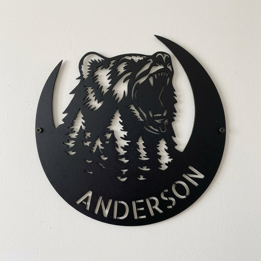 Custom Metal Wall Art - Personalized Grizzly Bear Monogram Sign Black