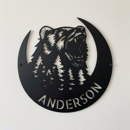Custom Metal Wall Art - Personalized Grizzly Bear Monogram Sign Black