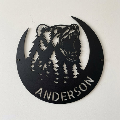Custom Metal Wall Art - Personalized Grizzly Bear Monogram Sign Black