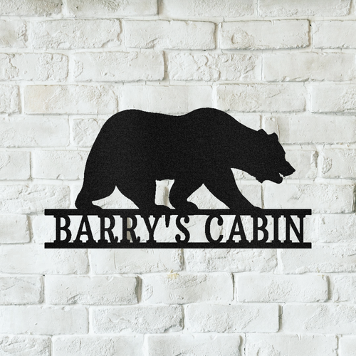Personalized Bear Forest Metal Sign - Custom Cabin Name Wall Art - Rustic Lodge Decor Black