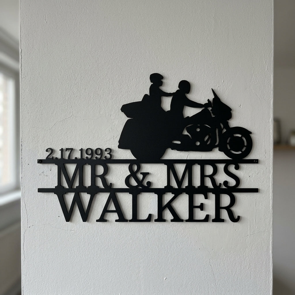 Custom Metal Wall Art - Personalized Biker Couple Name Monogram Black