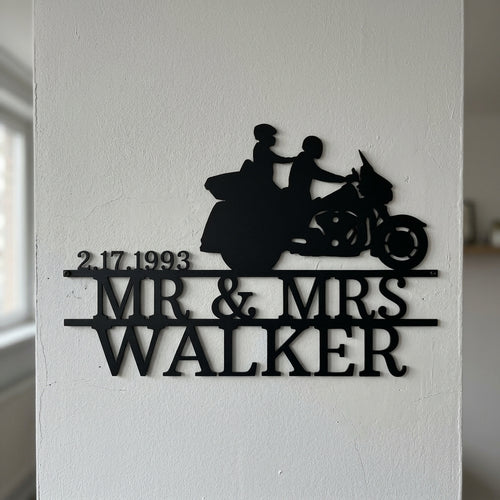 Custom Metal Wall Art - Personalized Biker Couple Name Monogram Black