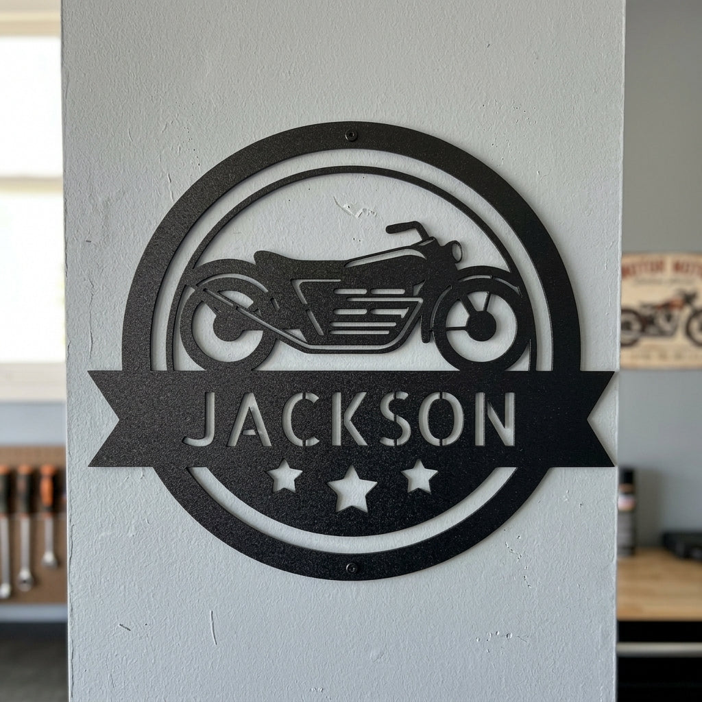 Custom Metal Wall Art - Personalized Motorcycle Name Monogram Sign Black