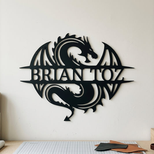 Custom Metal Wall Art - Personalized Celtic Dragon Monogram Sign Black
