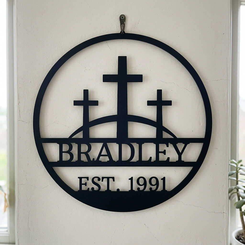 Custom Metal Wall Art - Personalized Three Crosses Name Plaque Black