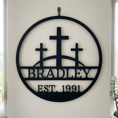 Custom Metal Wall Art - Personalized Three Crosses Name Plaque Black