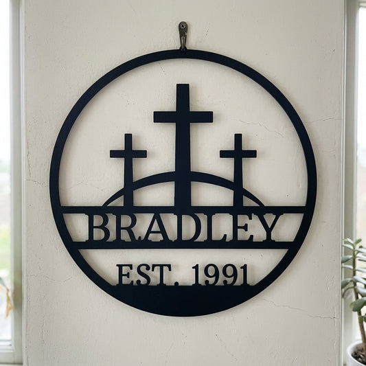 Custom Metal Wall Art - Personalized Three Crosses Name Plaque Black