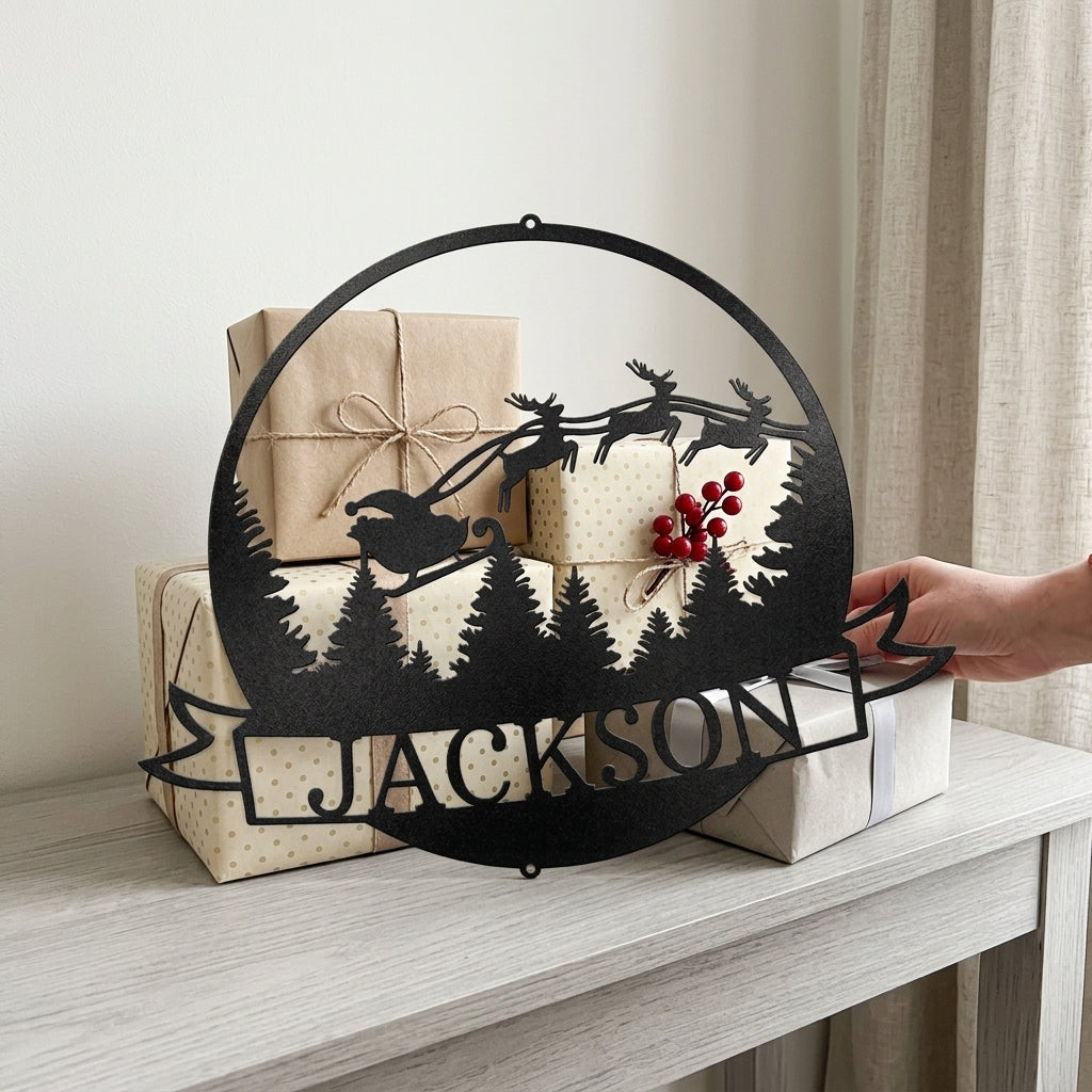 Custom Metal Wall Art - Personalized Santa Sleigh Sign Black