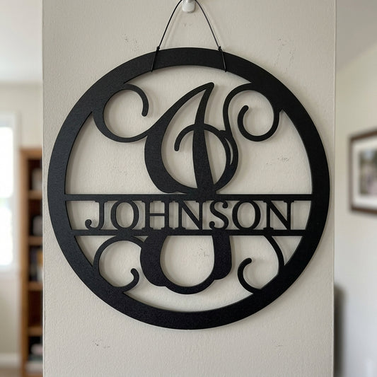 Custom Metal Wall Art - Split Letter Vine Monogram Sign Black