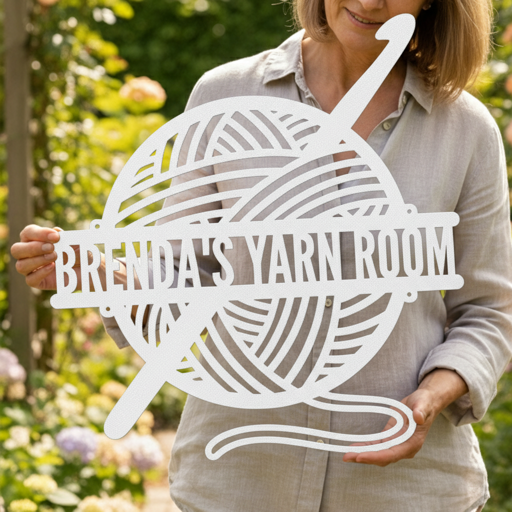 Custom Metal Wall Art - Personalized Crochet Sign White