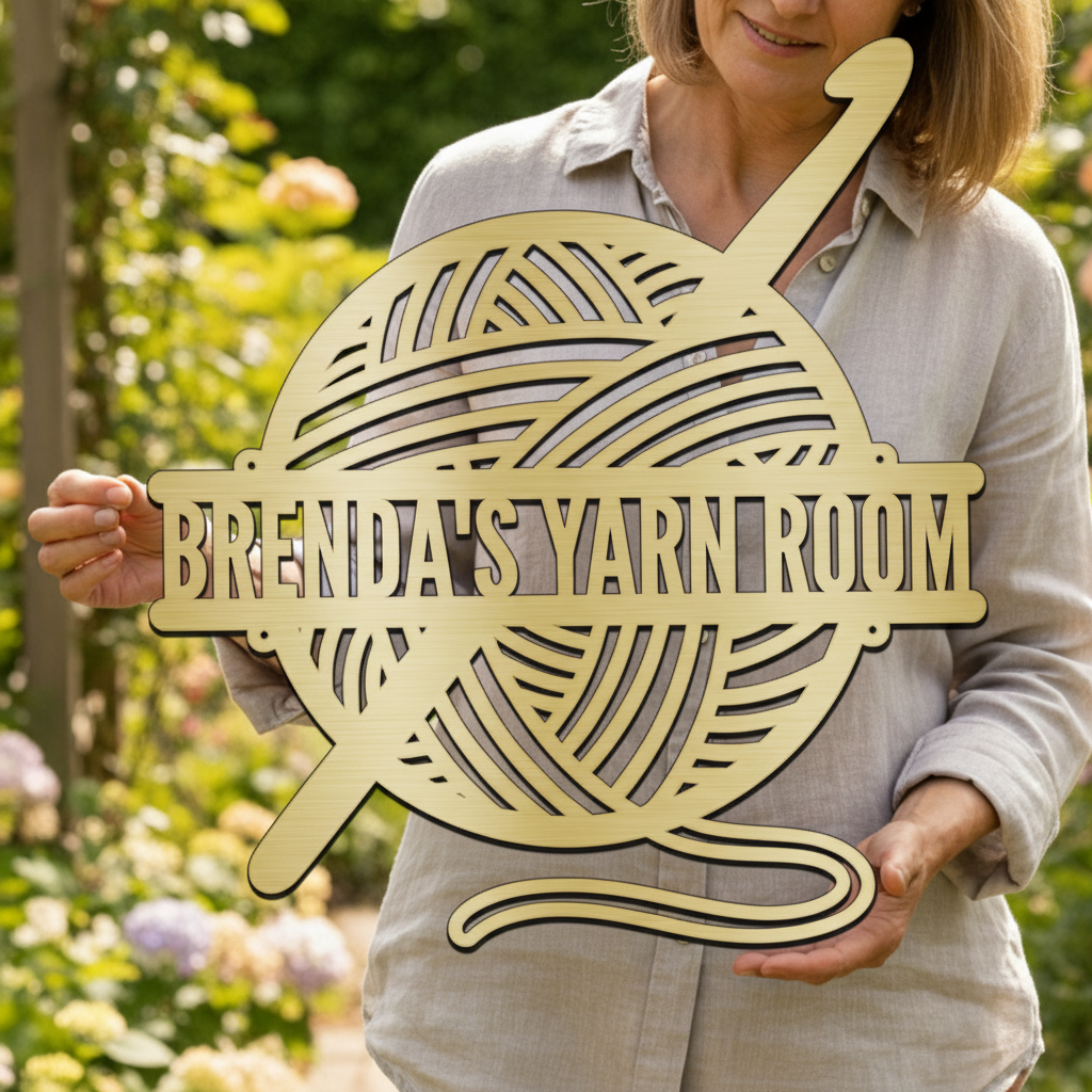 Custom Metal Wall Art - Personalized Crochet Sign Gold