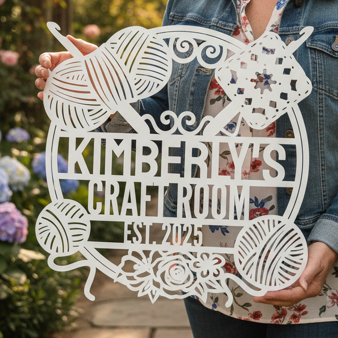 Personalized Crochet Corner – Custom Metal Sign for Craft Room White