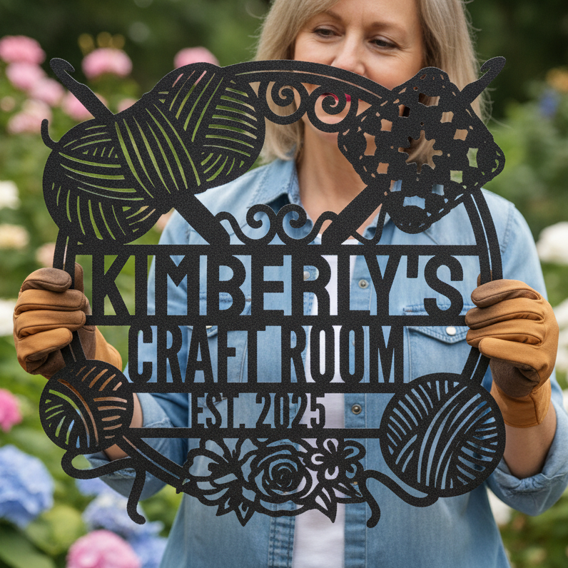 Personalized Crochet Corner – Custom Metal Sign for Craft Room Black