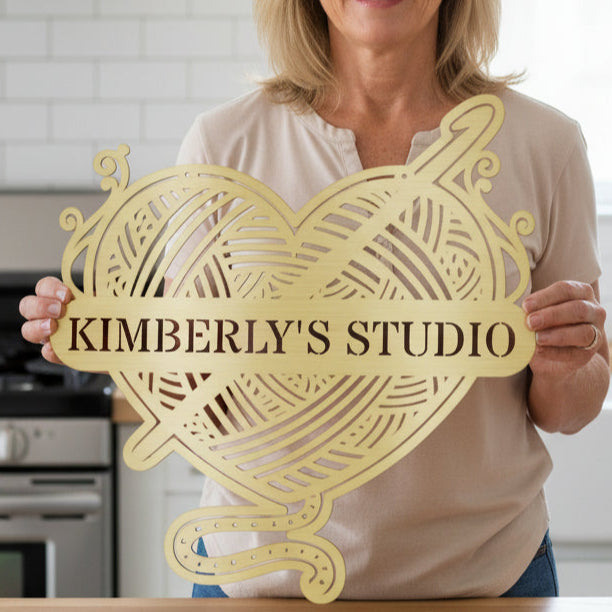 Ball of Yarn & Hook – Custom Metal Sign for Crochet Lovers Gold