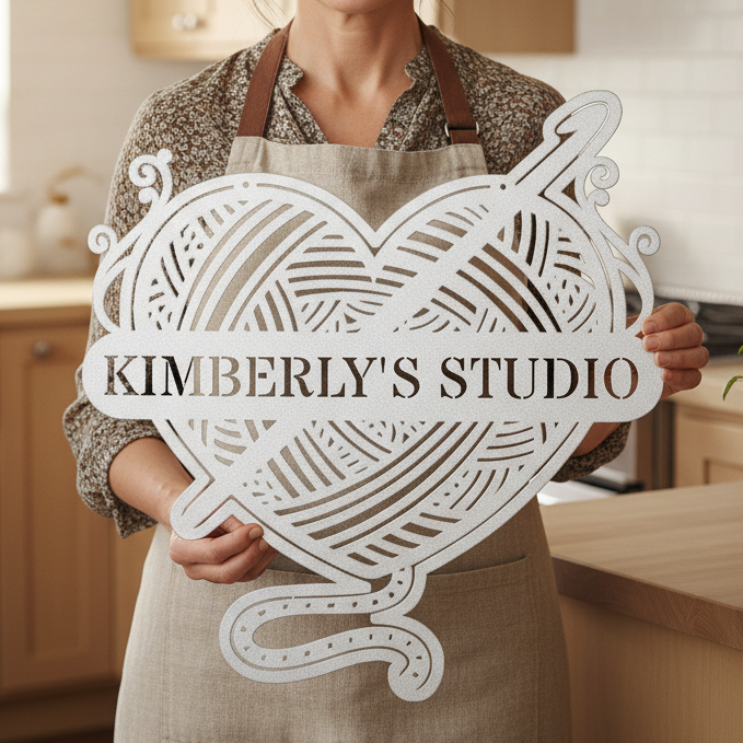 Ball of Yarn & Hook – Custom Metal Sign for Crochet Lovers White