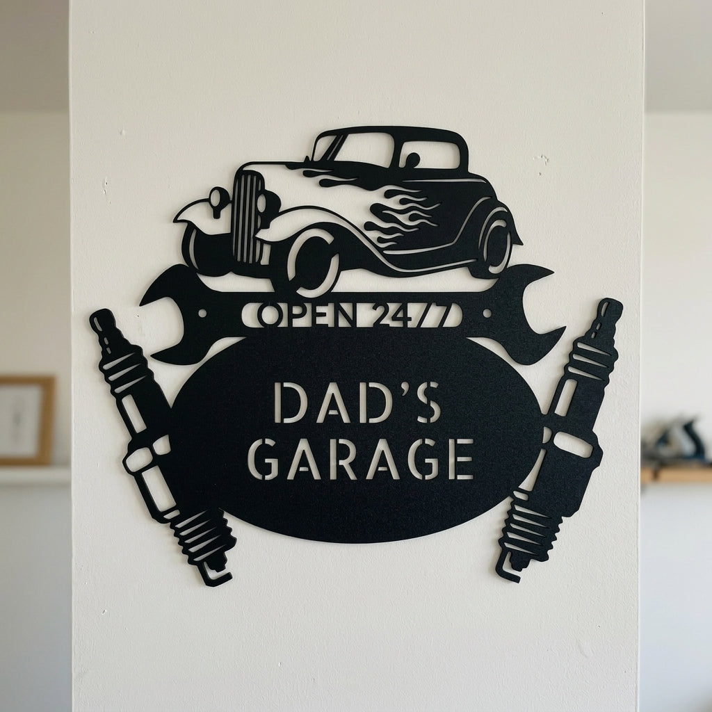 Custom Metal Wall Art - Personalized Dad's Garage Sign Black