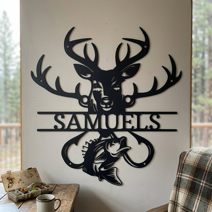 Custom Metal Wall Art - Personalized Deer and Fish Sign Black
