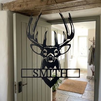 Custom Metal Wall Art - Personalized Buck Antler Sign Black